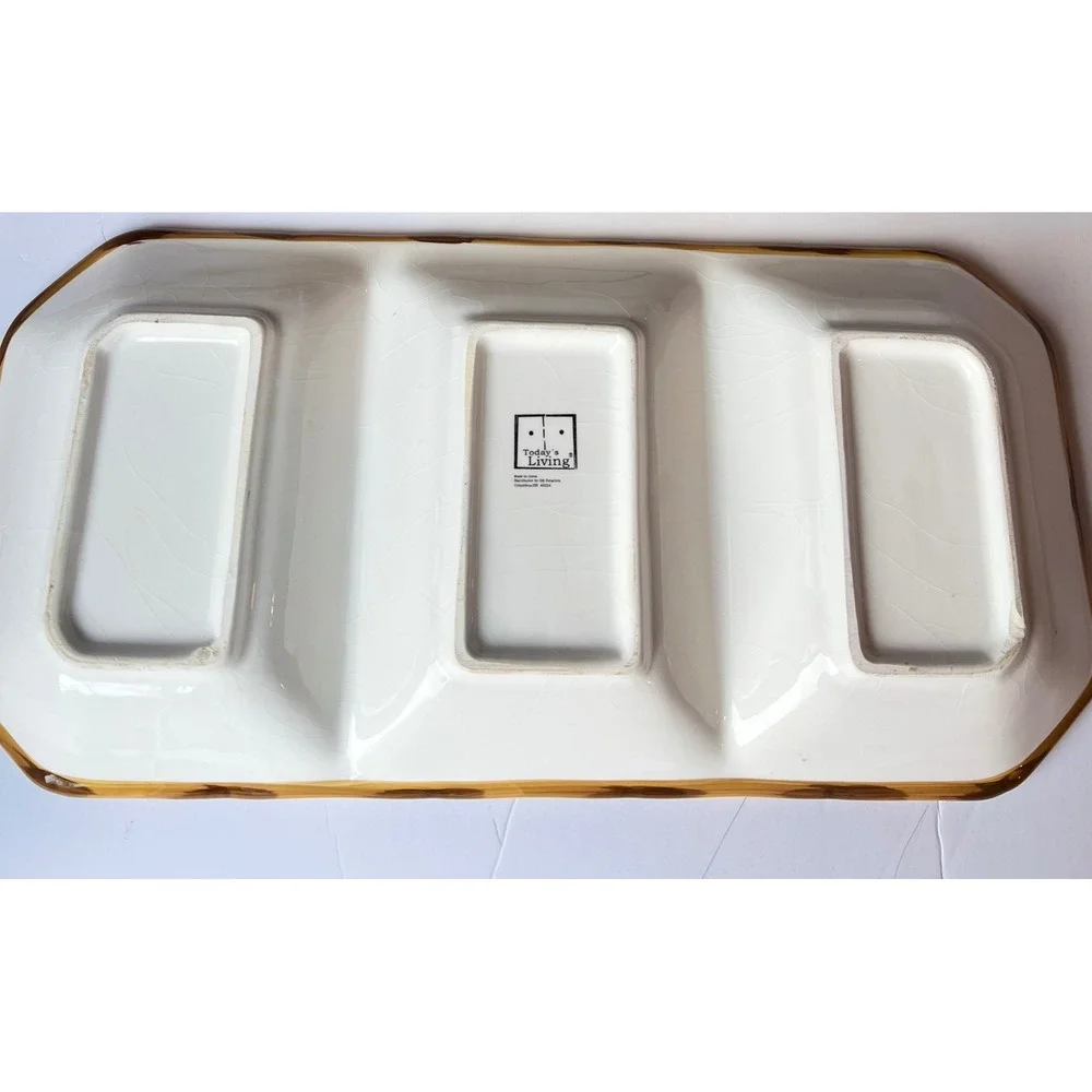 Today's Living Palm Tree Divided Serving Tray Faux Bamboo Ceramic Platter